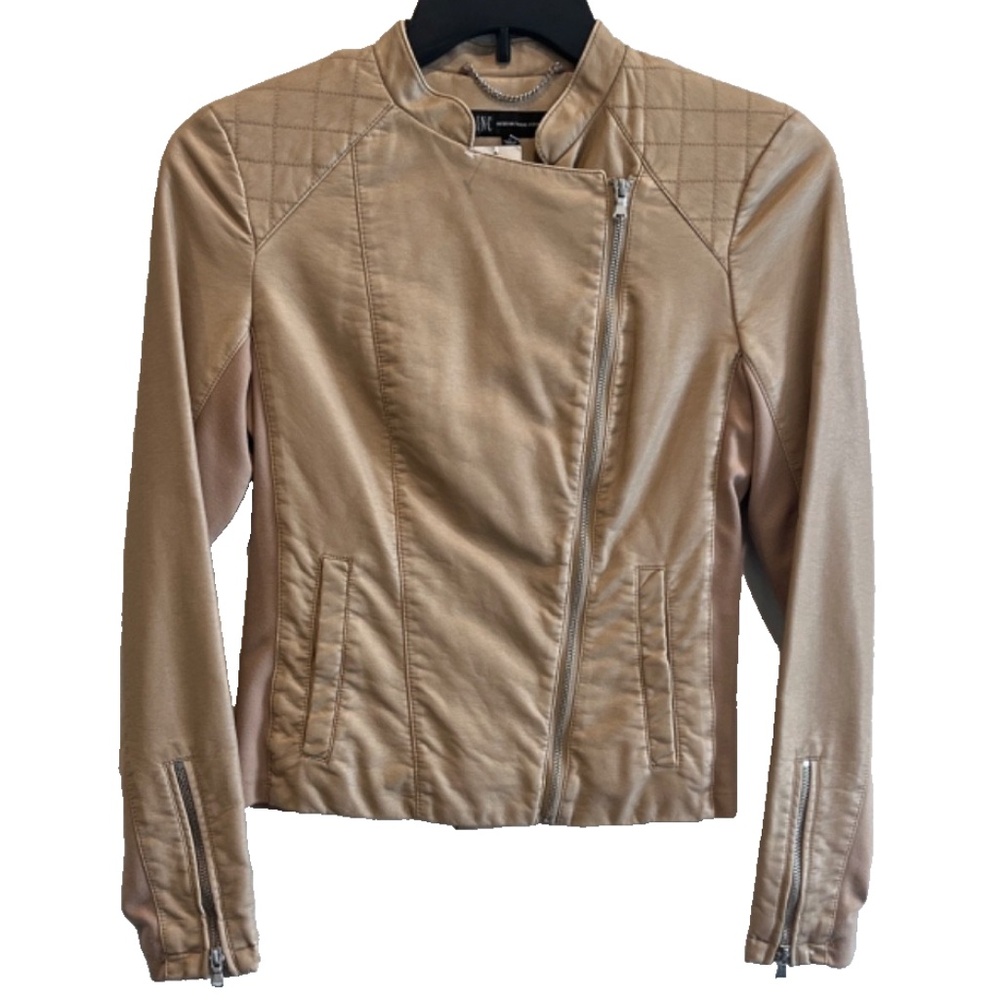 Women's INC Tan Faux-Leather Asymmetrical Long Zip Sleeve Motorcycle Jacket S